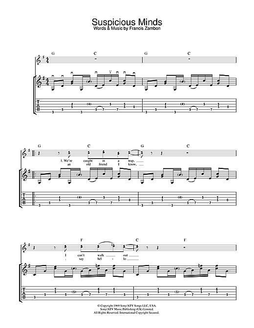 Preview Elvis Presley Suspicious Minds Rock N Roll sheet music, notes and chords for Guitar Tab, SKU: 32073 sheet music, piano notes, chords, guitar tabs, score, transpose, transcribe, how to play, guide, download, learn, tutorial, progression, song, artist, awards, billboard, mtv, vh1, tour, single, album, release