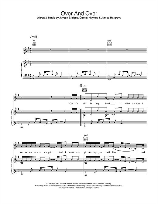 Preview Nelly Over And Over (feat. Tim McGraw) Pop sheet music, notes and chords for Piano, Vocal & Guitar (Right-Hand Melody), SKU: 32081 sheet music, piano notes, chords, guitar tabs, score, transpose, transcribe, how to play, guide, download, learn, tutorial, progression, song, artist, awards, billboard, mtv, vh1, tour, single, album, release