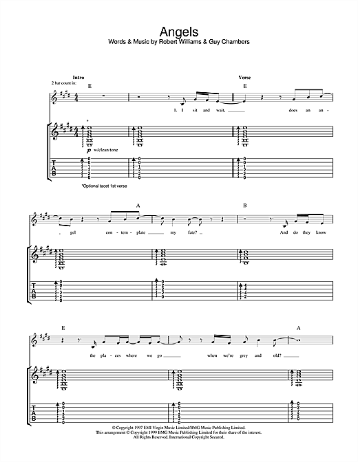 Preview Robbie Williams Angels Pop sheet music, notes and chords for Guitar Tab, SKU: 32085 sheet music, piano notes, chords, guitar tabs, score, transpose, transcribe, how to play, guide, download, learn, tutorial, progression, song, artist, awards, billboard, mtv, vh1, tour, single, album, release