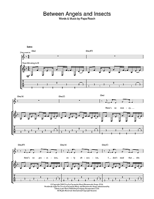 Preview Papa Roach Between Angels And Insects Rock sheet music, notes and chords for Guitar Tab, SKU: 32086 sheet music, piano notes, chords, guitar tabs, score, transpose, transcribe, how to play, guide, download, learn, tutorial, progression, song, artist, awards, billboard, mtv, vh1, tour, single, album, release