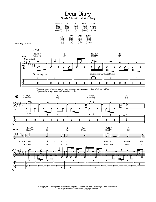 Preview Travis Dear Diary Rock sheet music, notes and chords for Guitar Tab, SKU: 32087 sheet music, piano notes, chords, guitar tabs, score, transpose, transcribe, how to play, guide, download, learn, tutorial, progression, song, artist, awards, billboard, mtv, vh1, tour, single, album, release