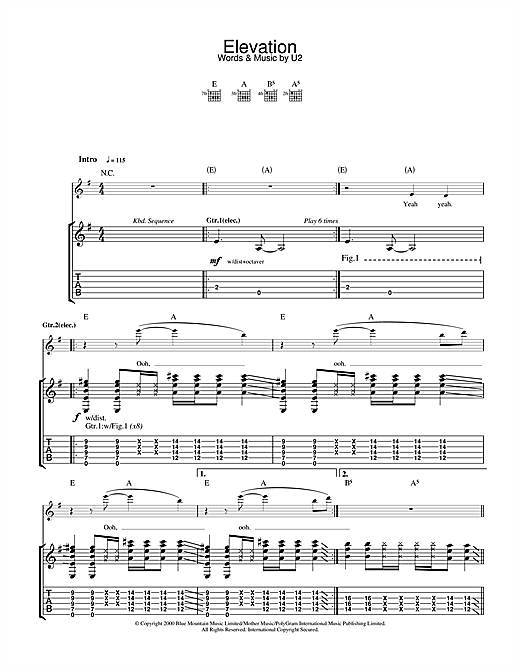 Preview U2 Elevation Rock sheet music, notes and chords for Guitar Tab, SKU: 32088 sheet music, piano notes, chords, guitar tabs, score, transpose, transcribe, how to play, guide, download, learn, tutorial, progression, song, artist, awards, billboard, mtv, vh1, tour, single, album, release