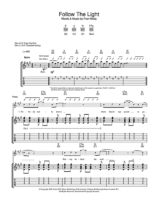Preview Travis Follow The Light Rock sheet music, notes and chords for Guitar Tab, SKU: 32092 sheet music, piano notes, chords, guitar tabs, score, transpose, transcribe, how to play, guide, download, learn, tutorial, progression, song, artist, awards, billboard, mtv, vh1, tour, single, album, release