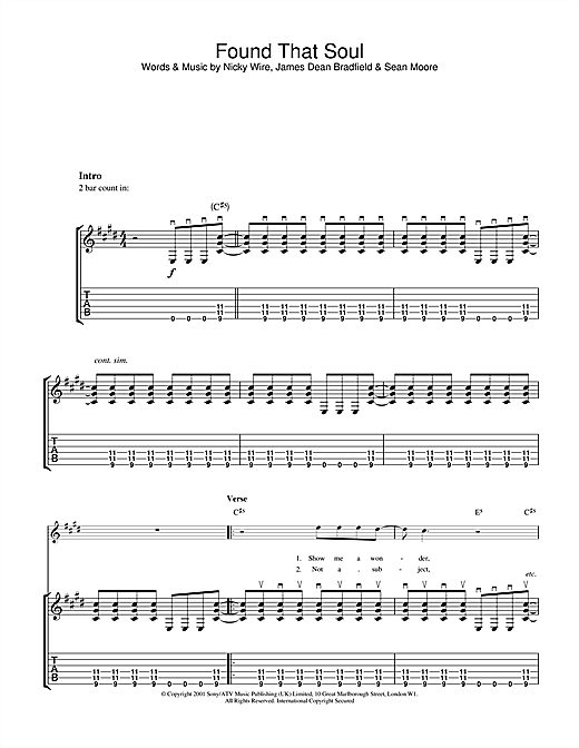 Preview Manic Street Preachers Found That Soul Rock sheet music, notes and chords for Guitar Tab, SKU: 32093 sheet music, piano notes, chords, guitar tabs, score, transpose, transcribe, how to play, guide, download, learn, tutorial, progression, song, artist, awards, billboard, mtv, vh1, tour, single, album, release