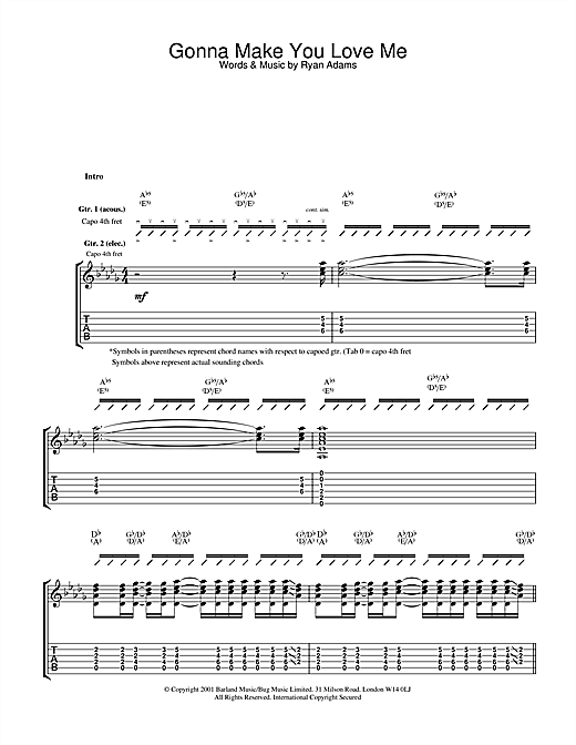 Preview Ryan Adams Gonna Make You Love Me Rock sheet music, notes and chords for Guitar Tab, SKU: 32094 sheet music, piano notes, chords, guitar tabs, score, transpose, transcribe, how to play, guide, download, learn, tutorial, progression, song, artist, awards, billboard, mtv, vh1, tour, single, album, release