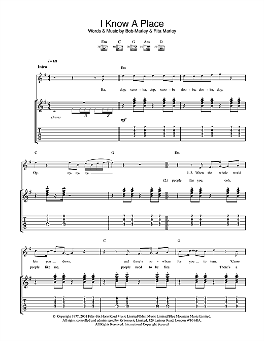 Preview Bob Marley & The Wailers I Know A Place (Where We Can Carry On) Reggae sheet music, notes and chords for Guitar Tab, SKU: 32098 sheet music, piano notes, chords, guitar tabs, score, transpose, transcribe, how to play, guide, download, learn, tutorial, progression, song, artist, awards, billboard, mtv, vh1, tour, single, album, release