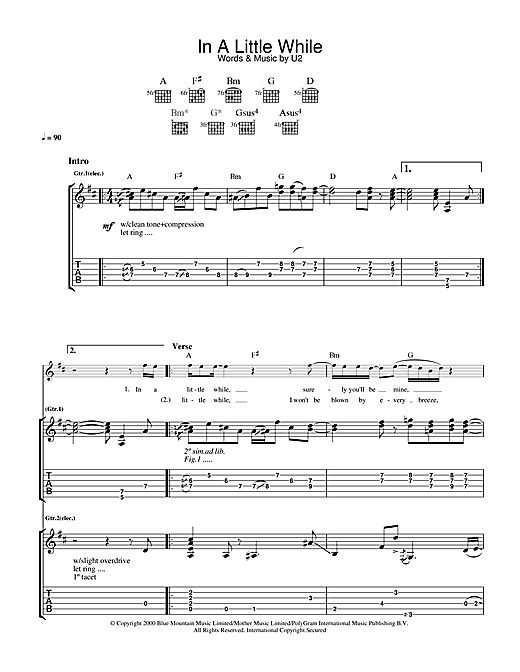 Preview U2 In A Little While Rock sheet music, notes and chords for Guitar Tab, SKU: 32099 sheet music, piano notes, chords, guitar tabs, score, transpose, transcribe, how to play, guide, download, learn, tutorial, progression, song, artist, awards, billboard, mtv, vh1, tour, single, album, release