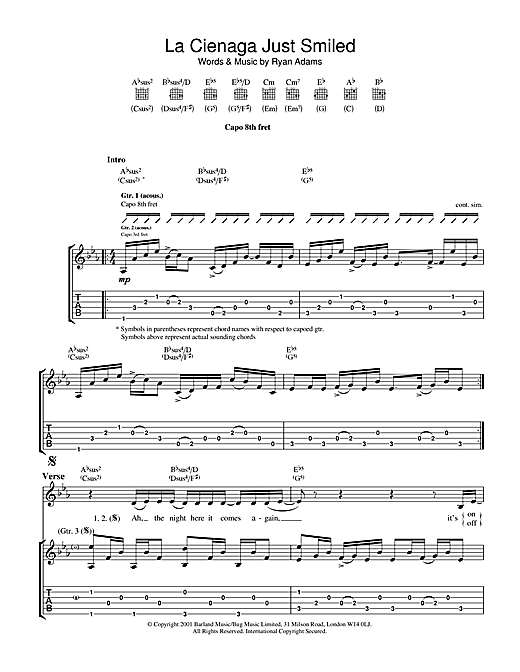 Preview Ryan Adams La Cienega Just Smiled Rock sheet music, notes and chords for Guitar Tab, SKU: 32103 sheet music, piano notes, chords, guitar tabs, score, transpose, transcribe, how to play, guide, download, learn, tutorial, progression, song, artist, awards, billboard, mtv, vh1, tour, single, album, release