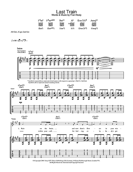 Preview Travis Last Train Rock sheet music, notes and chords for Guitar Tab, SKU: 32104 sheet music, piano notes, chords, guitar tabs, score, transpose, transcribe, how to play, guide, download, learn, tutorial, progression, song, artist, awards, billboard, mtv, vh1, tour, single, album, release