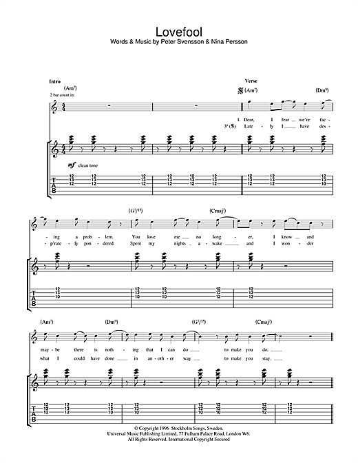 Preview The Cardigans Lovefool Pop sheet music, notes and chords for Guitar Tab, SKU: 32105 sheet music, piano notes, chords, guitar tabs, score, transpose, transcribe, how to play, guide, download, learn, tutorial, progression, song, artist, awards, billboard, mtv, vh1, tour, single, album, release