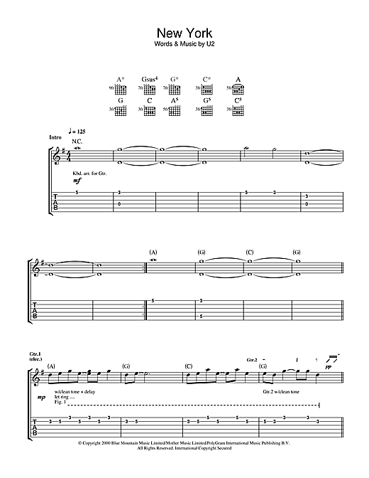 Preview U2 New York Rock sheet music, notes and chords for Guitar Tab, SKU: 32107 sheet music, piano notes, chords, guitar tabs, score, transpose, transcribe, how to play, guide, download, learn, tutorial, progression, song, artist, awards, billboard, mtv, vh1, tour, single, album, release