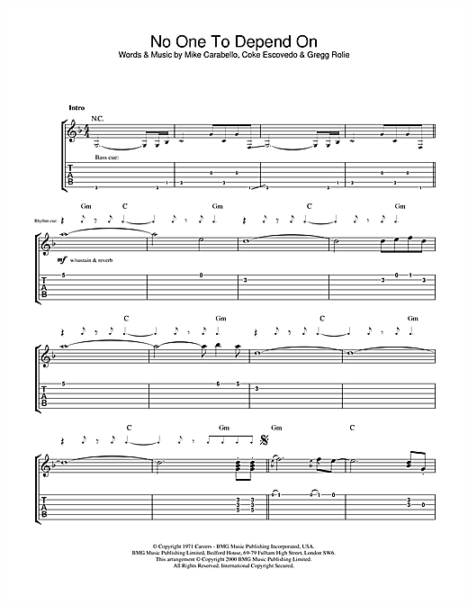 Preview Santana No One To Depend On Rock sheet music, notes and chords for Guitar Tab, SKU: 32109 sheet music, piano notes, chords, guitar tabs, score, transpose, transcribe, how to play, guide, download, learn, tutorial, progression, song, artist, awards, billboard, mtv, vh1, tour, single, album, release