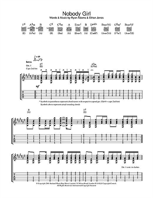 Preview Ryan Adams Nobody Girl Rock sheet music, notes and chords for Guitar Tab, SKU: 32110 sheet music, piano notes, chords, guitar tabs, score, transpose, transcribe, how to play, guide, download, learn, tutorial, progression, song, artist, awards, billboard, mtv, vh1, tour, single, album, release