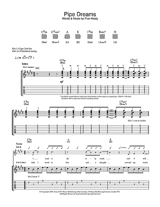 Preview Travis Pipe Dreams Rock sheet music, notes and chords for Guitar Tab, SKU: 32112 sheet music, piano notes, chords, guitar tabs, score, transpose, transcribe, how to play, guide, download, learn, tutorial, progression, song, artist, awards, billboard, mtv, vh1, tour, single, album, release