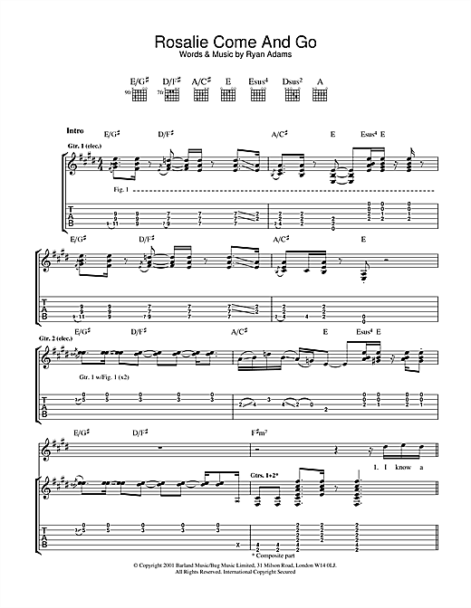 Preview Ryan Adams Rosalie Come And Go Rock sheet music, notes and chords for Guitar Tab, SKU: 32114 sheet music, piano notes, chords, guitar tabs, score, transpose, transcribe, how to play, guide, download, learn, tutorial, progression, song, artist, awards, billboard, mtv, vh1, tour, single, album, release