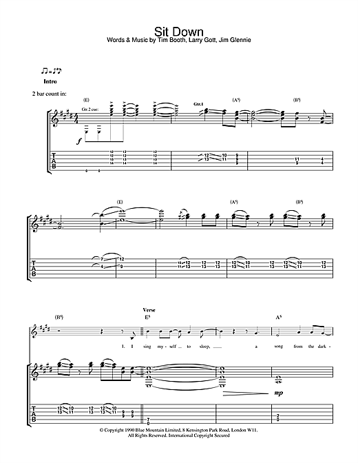 Preview James Sit Down Rock sheet music, notes and chords for Guitar Tab, SKU: 32117 sheet music, piano notes, chords, guitar tabs, score, transpose, transcribe, how to play, guide, download, learn, tutorial, progression, song, artist, awards, billboard, mtv, vh1, tour, single, album, release