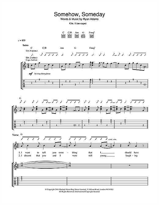 Preview Ryan Adams Somehow, Someday Rock sheet music, notes and chords for Guitar Tab, SKU: 32118 sheet music, piano notes, chords, guitar tabs, score, transpose, transcribe, how to play, guide, download, learn, tutorial, progression, song, artist, awards, billboard, mtv, vh1, tour, single, album, release