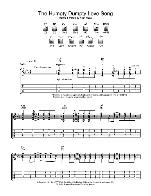 Preview Travis The Humpty Dumpty Love Song Rock sheet music, notes and chords for Guitar Tab, SKU: 32122 sheet music, piano notes, chords, guitar tabs, score, transpose, transcribe, how to play, guide, download, learn, tutorial, progression, song, artist, awards, billboard, mtv, vh1, tour, single, album, release