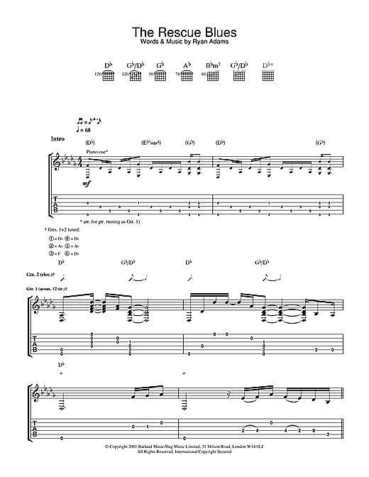 Preview Ryan Adams The Rescue Blues Rock sheet music, notes and chords for Guitar Tab, SKU: 32123 sheet music, piano notes, chords, guitar tabs, score, transpose, transcribe, how to play, guide, download, learn, tutorial, progression, song, artist, awards, billboard, mtv, vh1, tour, single, album, release