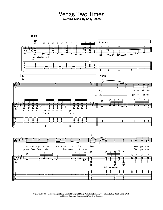 Preview Stereophonics Vegas Two Times Rock sheet music, notes and chords for Guitar Tab, SKU: 32126 sheet music, piano notes, chords, guitar tabs, score, transpose, transcribe, how to play, guide, download, learn, tutorial, progression, song, artist, awards, billboard, mtv, vh1, tour, single, album, release