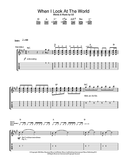 Preview U2 When I Look At The World Rock sheet music, notes and chords for Guitar Tab, SKU: 32128 sheet music, piano notes, chords, guitar tabs, score, transpose, transcribe, how to play, guide, download, learn, tutorial, progression, song, artist, awards, billboard, mtv, vh1, tour, single, album, release