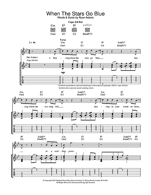 Preview Ryan Adams When The Stars Go Blue Rock sheet music, notes and chords for Guitar Tab, SKU: 32129 sheet music, piano notes, chords, guitar tabs, score, transpose, transcribe, how to play, guide, download, learn, tutorial, progression, song, artist, awards, billboard, mtv, vh1, tour, single, album, release