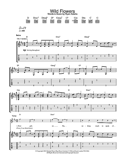 Preview Ryan Adams Wild Flowers Rock sheet music, notes and chords for Guitar Tab, SKU: 32130 sheet music, piano notes, chords, guitar tabs, score, transpose, transcribe, how to play, guide, download, learn, tutorial, progression, song, artist, awards, billboard, mtv, vh1, tour, single, album, release