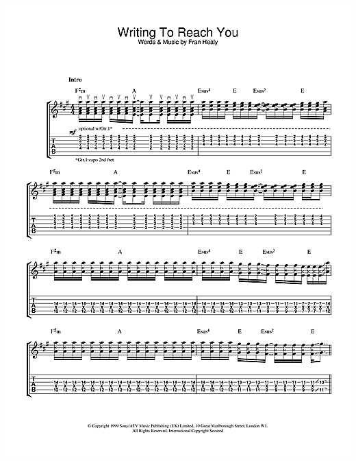 Preview Travis Writing To Reach You Rock sheet music, notes and chords for Guitar Tab, SKU: 32132 sheet music, piano notes, chords, guitar tabs, score, transpose, transcribe, how to play, guide, download, learn, tutorial, progression, song, artist, awards, billboard, mtv, vh1, tour, single, album, release