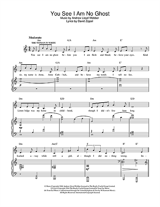 Preview Andrew Lloyd Webber You See I Am No Ghost (from The Woman In White) Musicals sheet music, notes and chords for Piano, Vocal & Guitar, SKU: 32136 sheet music, piano notes, chords, guitar tabs, score, transpose, transcribe, how to play, guide, download, learn, tutorial, progression, song, artist, awards, billboard, mtv, vh1, tour, single, album, release