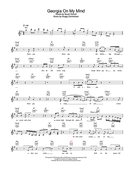 Preview Ray Charles Georgia On My Mind Soul sheet music, notes and chords for Melody Line, Lyrics & Chords, SKU: 32143 sheet music, piano notes, chords, guitar tabs, score, transpose, transcribe, how to play, guide, download, learn, tutorial, progression, song, artist, awards, billboard, mtv, vh1, tour, single, album, release