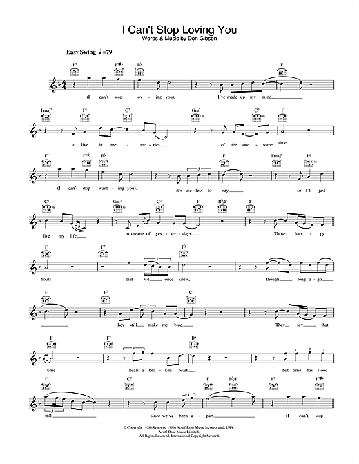 Preview Ray Charles I Can't Stop Loving You Soul sheet music, notes and chords for Melody Line, Lyrics & Chords, SKU: 32144 sheet music, piano notes, chords, guitar tabs, score, transpose, transcribe, how to play, guide, download, learn, tutorial, progression, song, artist, awards, billboard, mtv, vh1, tour, single, album, release