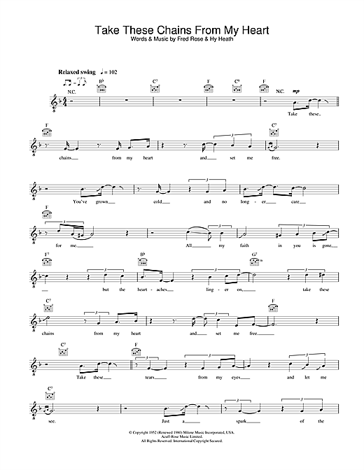 Preview Ray Charles Take These Chains From My Heart Soul sheet music, notes and chords for Melody Line, Lyrics & Chords, SKU: 32145 sheet music, piano notes, chords, guitar tabs, score, transpose, transcribe, how to play, guide, download, learn, tutorial, progression, song, artist, awards, billboard, mtv, vh1, tour, single, album, release