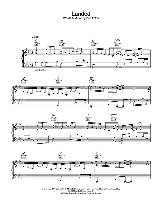 Preview Ben Folds Landed Pop sheet music, notes and chords for Piano, Vocal & Guitar, SKU: 32152 sheet music, piano notes, chords, guitar tabs, score, transpose, transcribe, how to play, guide, download, learn, tutorial, progression, song, artist, awards, billboard, mtv, vh1, tour, single, album, release