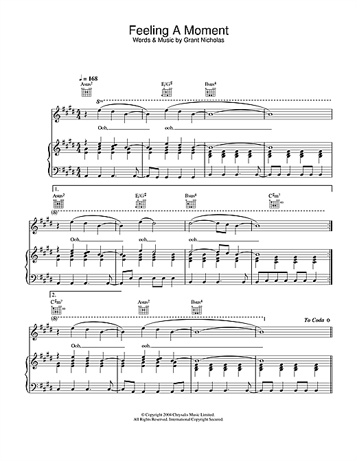 Preview Feeder Feeling A Moment Rock sheet music, notes and chords for Piano, Vocal & Guitar (Right-Hand Melody), SKU: 32155 sheet music, piano notes, chords, guitar tabs, score, transpose, transcribe, how to play, guide, download, learn, tutorial, progression, song, artist, awards, billboard, mtv, vh1, tour, single, album, release