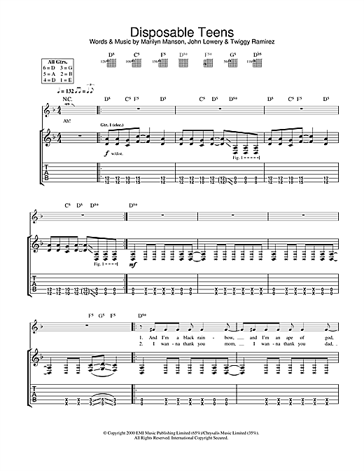 Preview Marilyn Manson Disposable Teens Metal sheet music, notes and chords for Guitar Tab, SKU: 32156 sheet music, piano notes, chords, guitar tabs, score, transpose, transcribe, how to play, guide, download, learn, tutorial, progression, song, artist, awards, billboard, mtv, vh1, tour, single, album, release