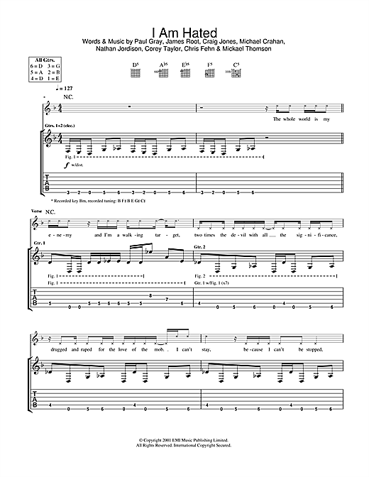 Preview Slipknot I Am Hated Metal sheet music, notes and chords for Guitar Tab, SKU: 32157 sheet music, piano notes, chords, guitar tabs, score, transpose, transcribe, how to play, guide, download, learn, tutorial, progression, song, artist, awards, billboard, mtv, vh1, tour, single, album, release