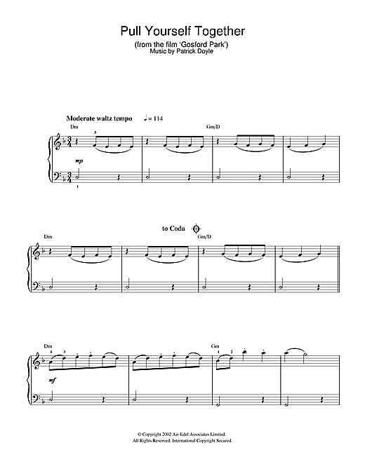 Preview Patrick Doyle Pull Yourself Together (from Gosford Park) Film and TV sheet music, notes and chords for Beginner Piano, SKU: 32160 sheet music, piano notes, chords, guitar tabs, score, transpose, transcribe, how to play, guide, download, learn, tutorial, progression, song, artist, awards, billboard, mtv, vh1, tour, single, album, release