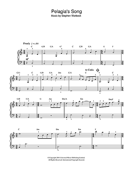 Preview Stephen Warbeck Pelagia's Song (Ricordo Ancor) (from Captain Corelli's Mandolin) Film and TV sheet music, notes and chords for Beginner Piano, SKU: 32161 sheet music, piano notes, chords, guitar tabs, score, transpose, transcribe, how to play, guide, download, learn, tutorial, progression, song, artist, awards, billboard, mtv, vh1, tour, single, album, release