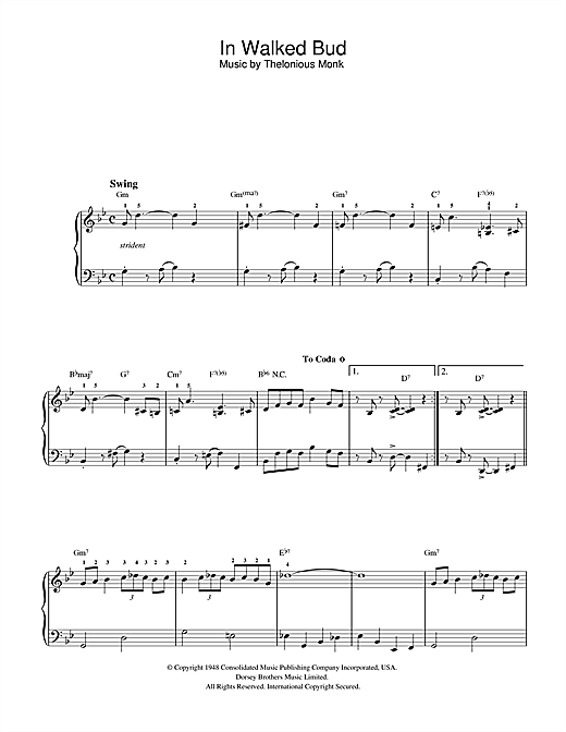 Preview Thelonious Monk In Walked Bud Jazz sheet music, notes and chords for Beginner Piano, SKU: 32162 sheet music, piano notes, chords, guitar tabs, score, transpose, transcribe, how to play, guide, download, learn, tutorial, progression, song, artist, awards, billboard, mtv, vh1, tour, single, album, release