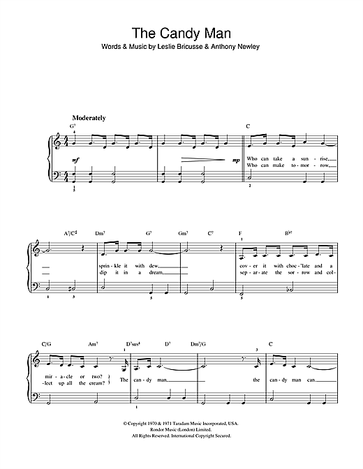 Preview Leslie Bricusse The Candy Man (from Willy Wonka And The Chocolate Factory) Pop sheet music, notes and chords for Beginner Piano, SKU: 32173 sheet music, piano notes, chords, guitar tabs, score, transpose, transcribe, how to play, guide, download, learn, tutorial, progression, song, artist, awards, billboard, mtv, vh1, tour, single, album, release