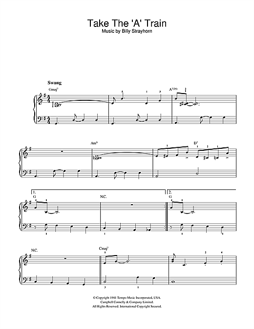 Preview Billy Strayhorn Take The 'A' Train Jazz sheet music, notes and chords for Beginner Piano, SKU: 32174 sheet music, piano notes, chords, guitar tabs, score, transpose, transcribe, how to play, guide, download, learn, tutorial, progression, song, artist, awards, billboard, mtv, vh1, tour, single, album, release
