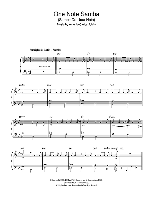 Preview Antonio Carlos Jobim One Note Samba (Samba De Uma Nota) Jazz sheet music, notes and chords for Beginner Piano, SKU: 32177 sheet music, piano notes, chords, guitar tabs, score, transpose, transcribe, how to play, guide, download, learn, tutorial, progression, song, artist, awards, billboard, mtv, vh1, tour, single, album, release