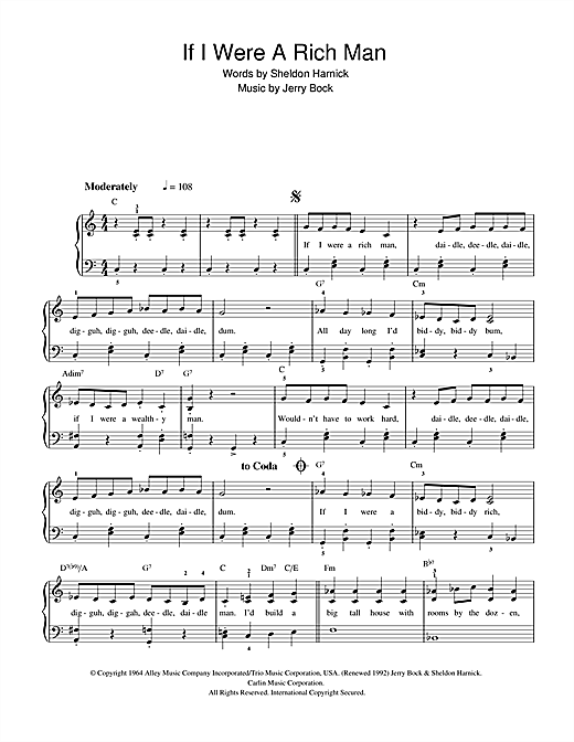 Preview Topol If I Were A Rich Man (from The Fiddler On The Roof) Musicals sheet music, notes and chords for Beginner Piano, SKU: 32178 sheet music, piano notes, chords, guitar tabs, score, transpose, transcribe, how to play, guide, download, learn, tutorial, progression, song, artist, awards, billboard, mtv, vh1, tour, single, album, release