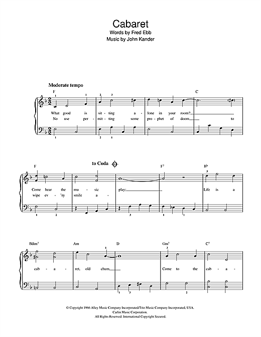 Preview Kander & Ebb Cabaret Musicals sheet music, notes and chords for Beginner Piano, SKU: 32180 sheet music, piano notes, chords, guitar tabs, score, transpose, transcribe, how to play, guide, download, learn, tutorial, progression, song, artist, awards, billboard, mtv, vh1, tour, single, album, release