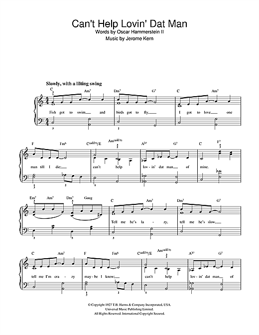 Preview Jerome Kern Can't Help Lovin' Dat Man (from Show Boat) Musicals sheet music, notes and chords for Beginner Piano, SKU: 32181 sheet music, piano notes, chords, guitar tabs, score, transpose, transcribe, how to play, guide, download, learn, tutorial, progression, song, artist, awards, billboard, mtv, vh1, tour, single, album, release