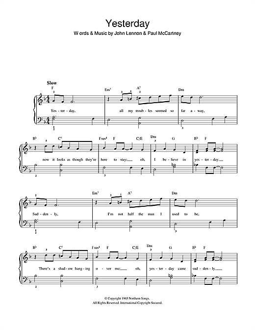 Preview The Beatles Yesterday Pop sheet music, notes and chords for Beginner Piano, SKU: 32183 sheet music, piano notes, chords, guitar tabs, score, transpose, transcribe, how to play, guide, download, learn, tutorial, progression, song, artist, awards, billboard, mtv, vh1, tour, single, album, release