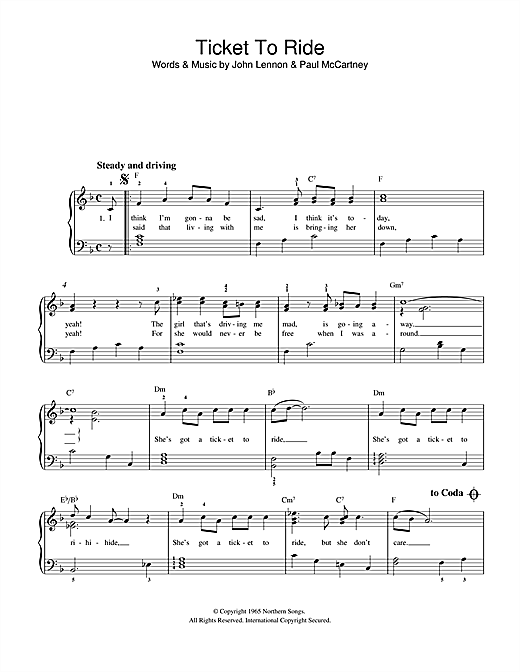Preview The Beatles Ticket To Ride Pop sheet music, notes and chords for Beginner Piano, SKU: 32185 sheet music, piano notes, chords, guitar tabs, score, transpose, transcribe, how to play, guide, download, learn, tutorial, progression, song, artist, awards, billboard, mtv, vh1, tour, single, album, release