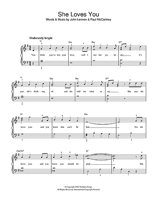 Preview The Beatles She Loves You Pop sheet music, notes and chords for Beginner Piano, SKU: 32186 sheet music, piano notes, chords, guitar tabs, score, transpose, transcribe, how to play, guide, download, learn, tutorial, progression, song, artist, awards, billboard, mtv, vh1, tour, single, album, release