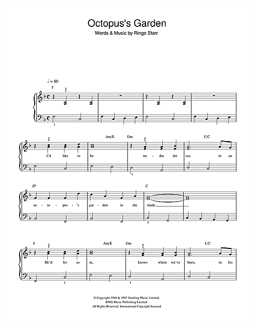 Preview The Beatles Octopus's Garden Pop sheet music, notes and chords for Beginner Piano, SKU: 32189 sheet music, piano notes, chords, guitar tabs, score, transpose, transcribe, how to play, guide, download, learn, tutorial, progression, song, artist, awards, billboard, mtv, vh1, tour, single, album, release