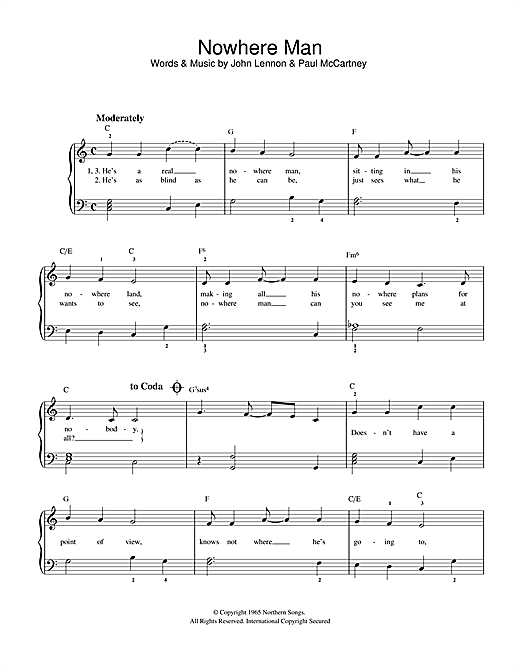 Preview The Beatles Nowhere Man Pop sheet music, notes and chords for Beginner Piano, SKU: 32190 sheet music, piano notes, chords, guitar tabs, score, transpose, transcribe, how to play, guide, download, learn, tutorial, progression, song, artist, awards, billboard, mtv, vh1, tour, single, album, release